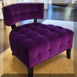 F03. 2 William Haines style tufted chairs in Old World Weavers purple velvet. 28”h x 28”w x 30”d 